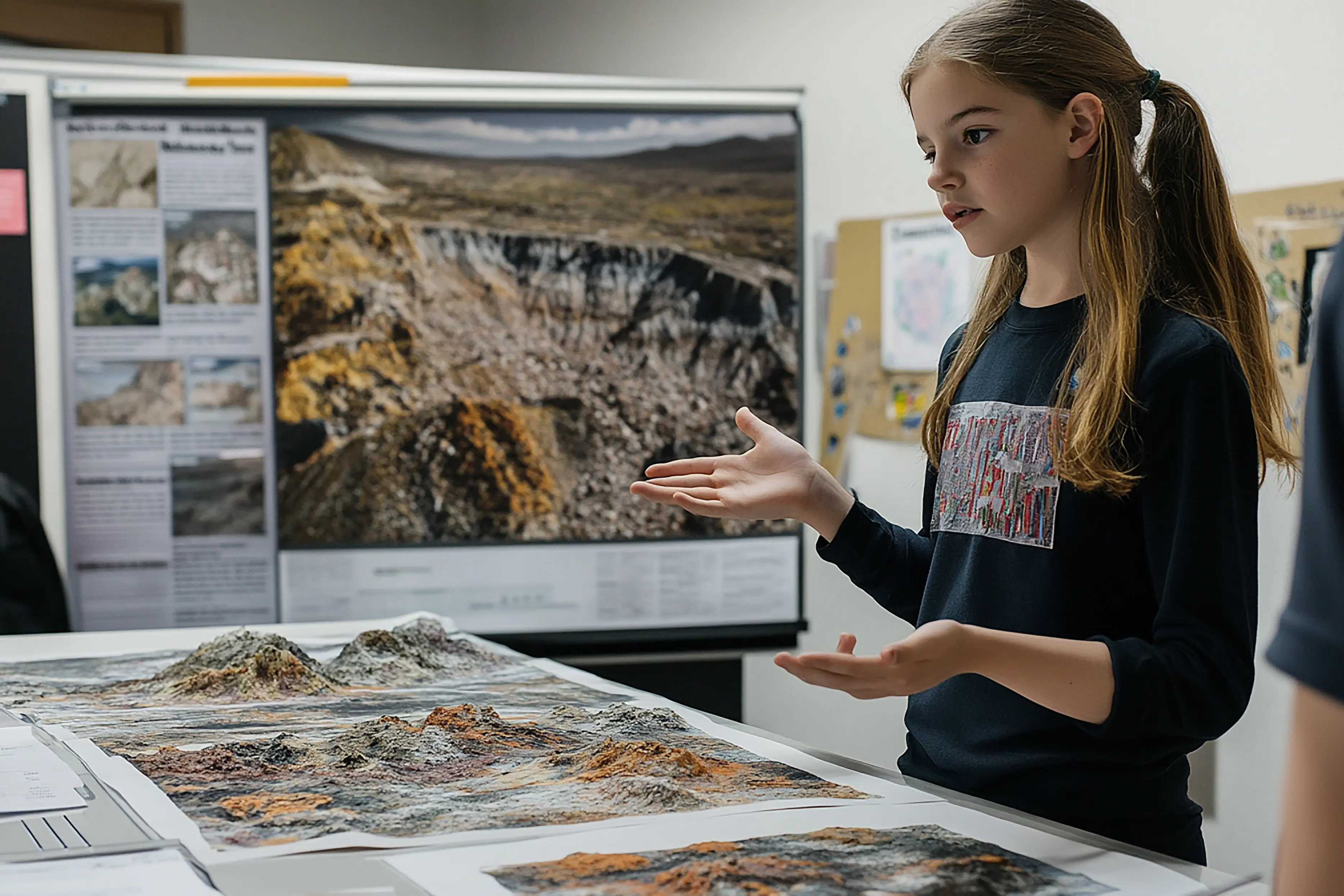 Ein Schüler der Mittelstufe erklärt ein Geologieprojekt.