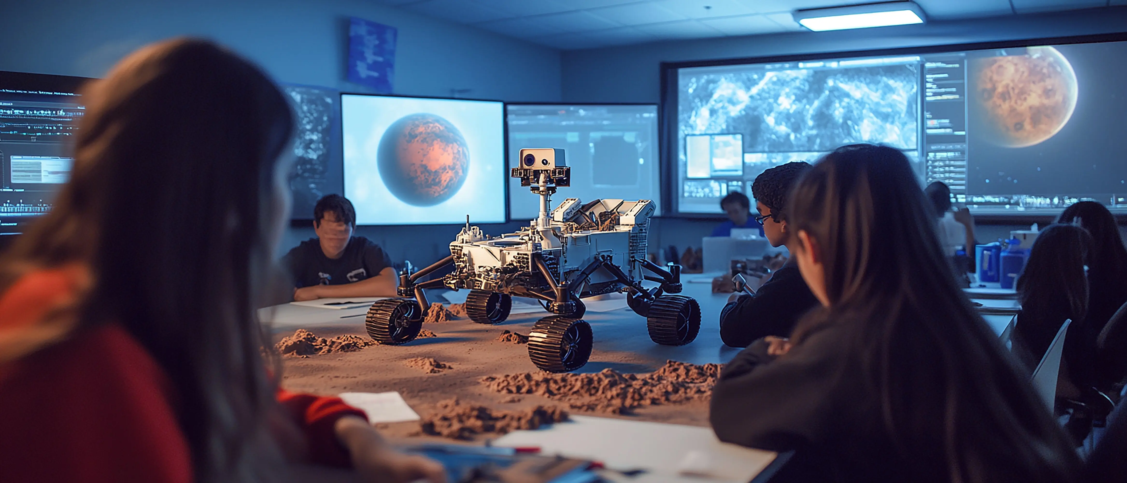 Studierende, die in einem Labor für Weltraumwissenschaften zusammenarbeiten