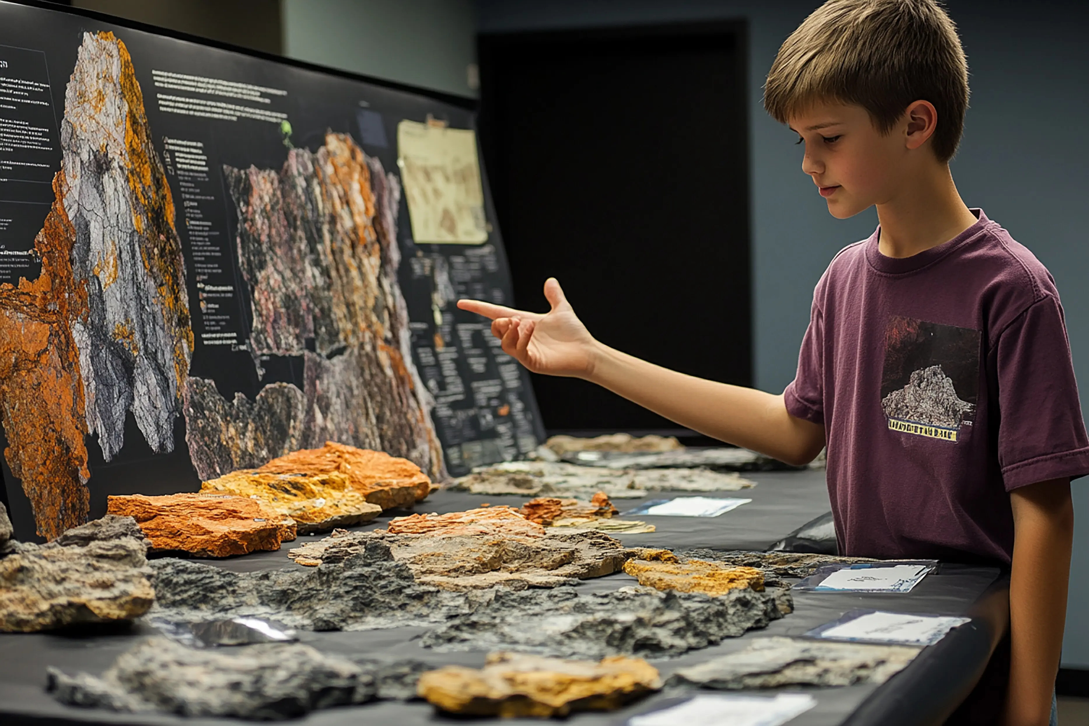 Ein Schüler der Mittelstufe erklärt ein Geologieprojekt.