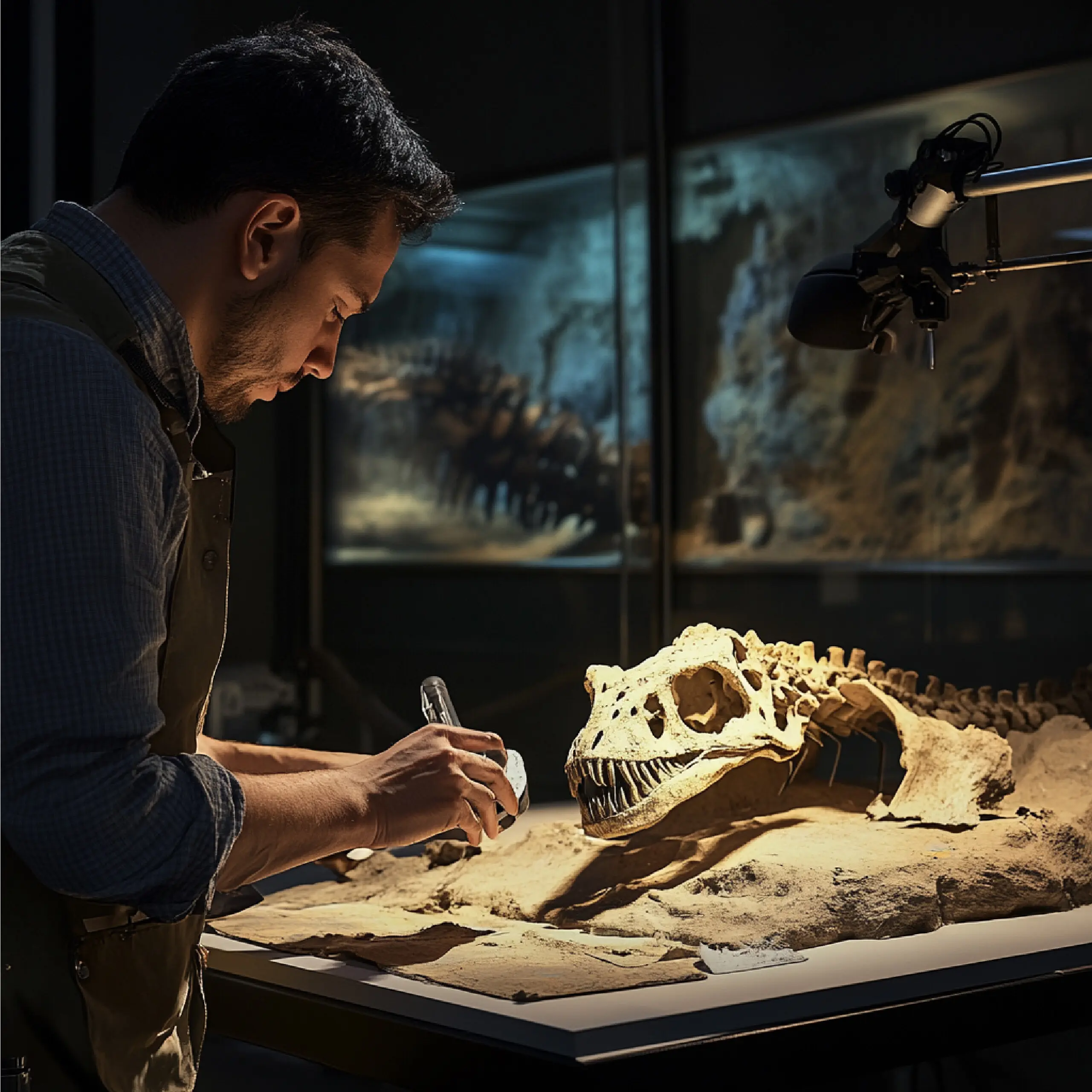 Szene, die einen Paläontologen zeigt, der 3D-Scantechnologie nutzt, um fossile Überreste zu untersuchen.