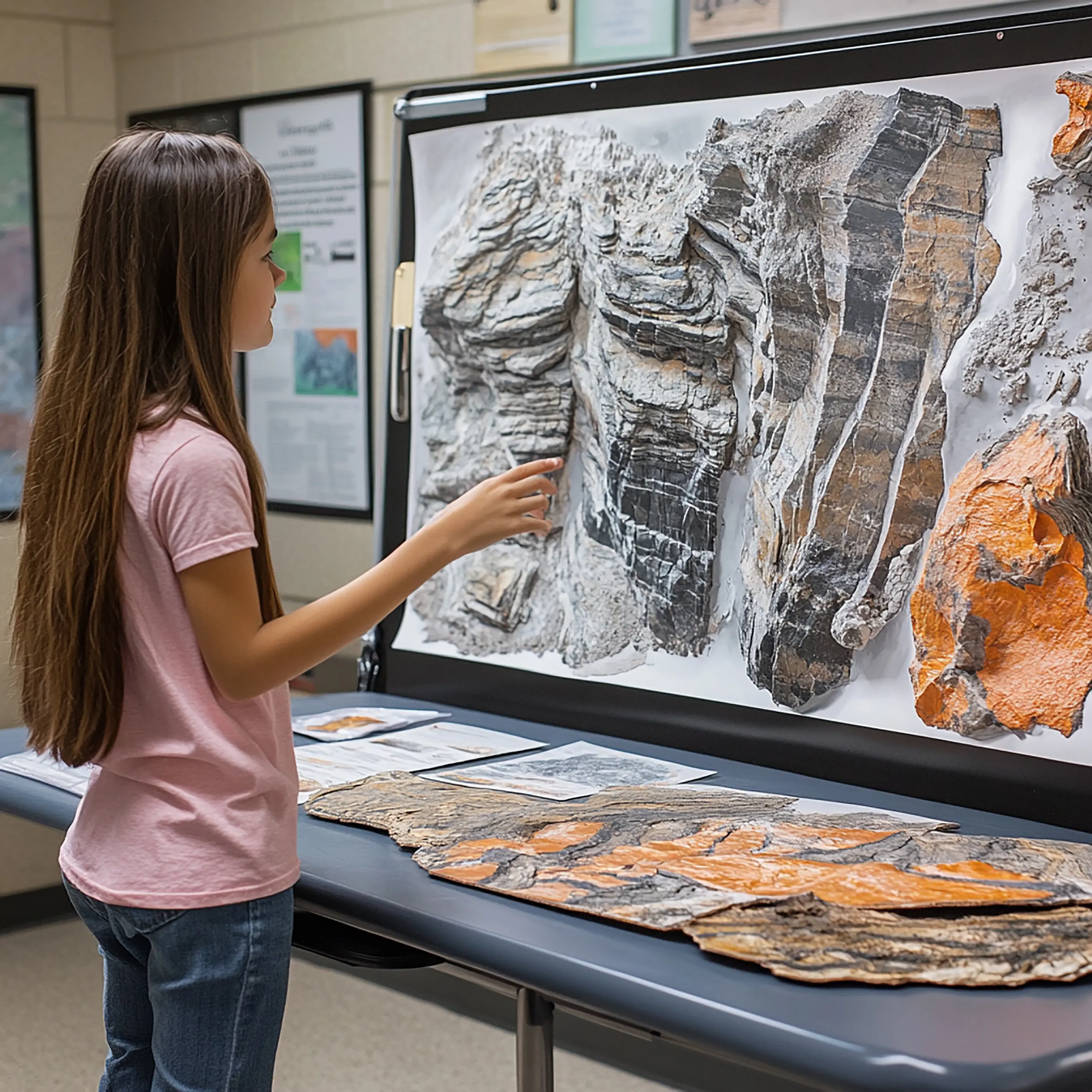 Schüler der Mittelstufe erklärt ein Geologieprojekt.