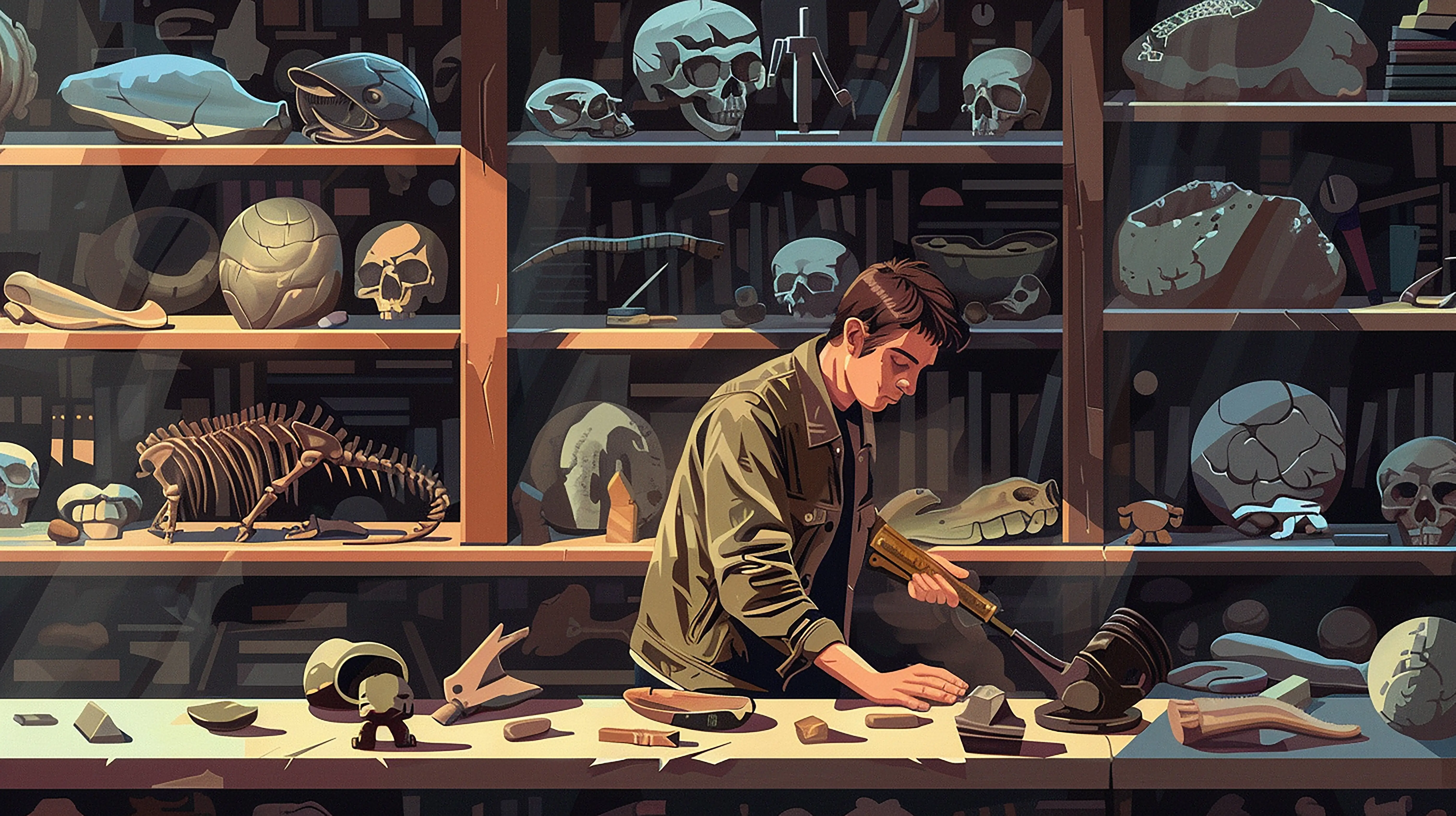 Archäologe, der Artefakte mit Werkzeugen ausgräbt