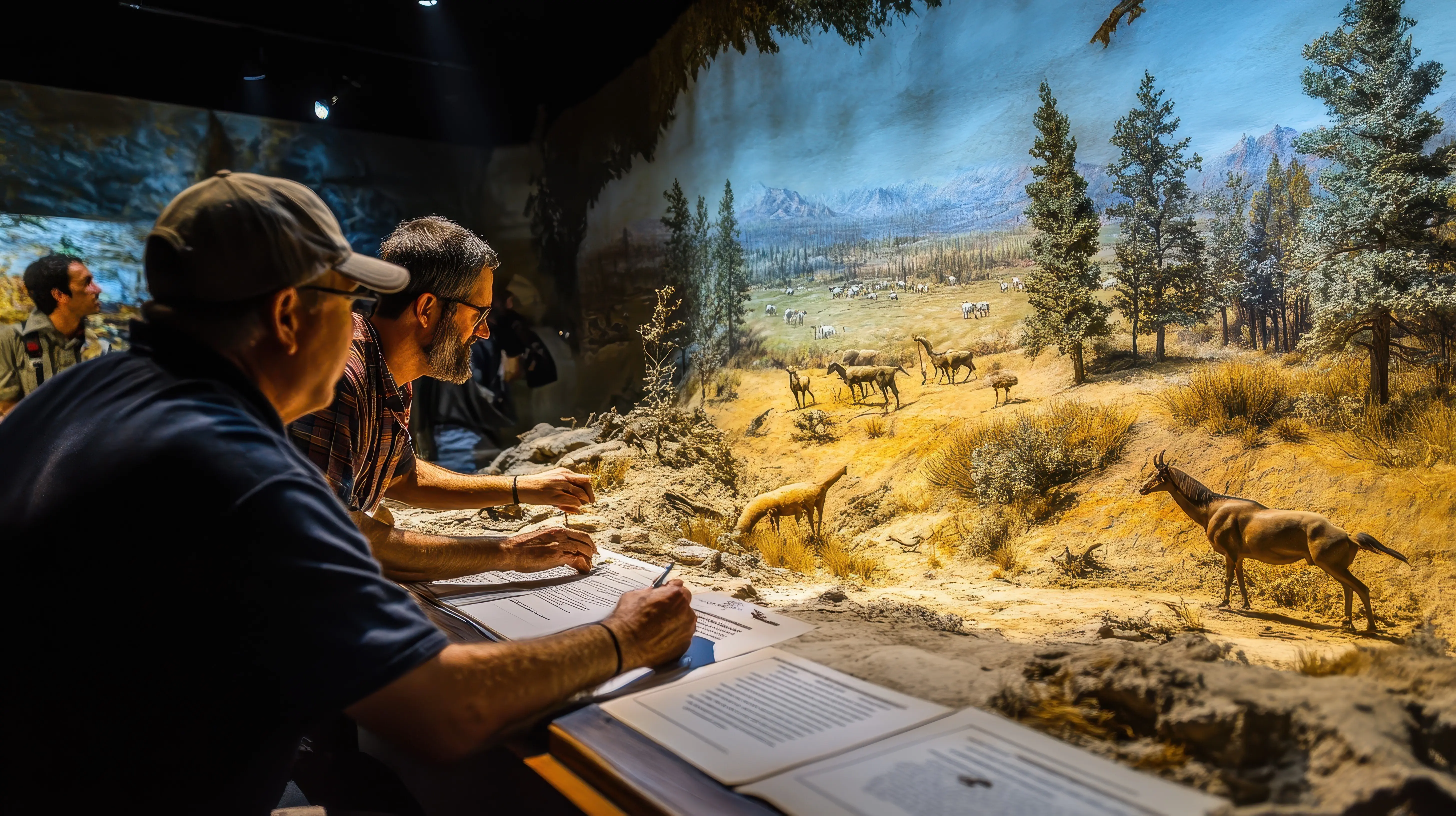 Geschichtsbegeisterte, die detaillierte Dioramen vergangener Ereignisse studieren.